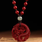 Fortune Jewel Year Of The Dragon Natural Cinnabar Hetian Jade Bead Copper Coin Attract Wealth Strength Necklace Pendant