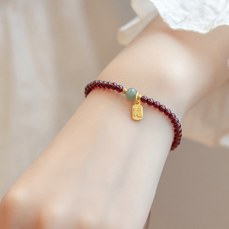 Fortune Jewel Natural Strawberry Quartz Garnet Jade Lucky Fortune Fu Character Healing Charm Bracelet