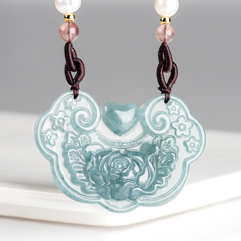 Fortune Jewel Natural Jade Peony Flower Lock of Good Wishes Prosperity Necklace Pendant
