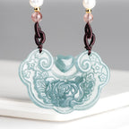 Fortune Jewel Natural Jade Peony Flower Lock of Good Wishes Prosperity Necklace Pendant
