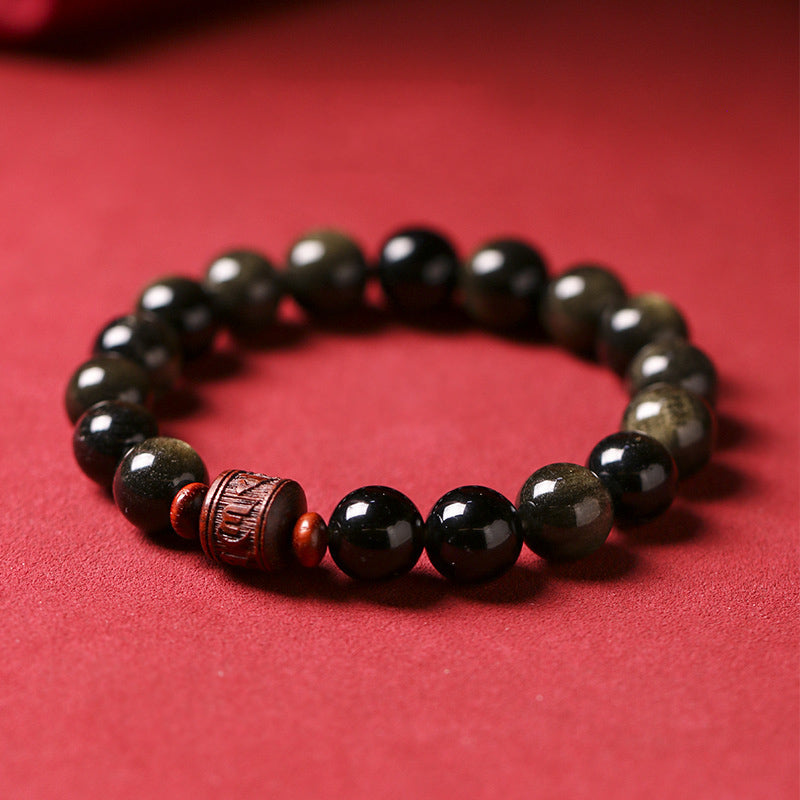 Fortune Jewel Natural Gold Sheen Obsidian Rainbow Obsidian Om Mani Padme Hum Fu Character Healing Bracelet
