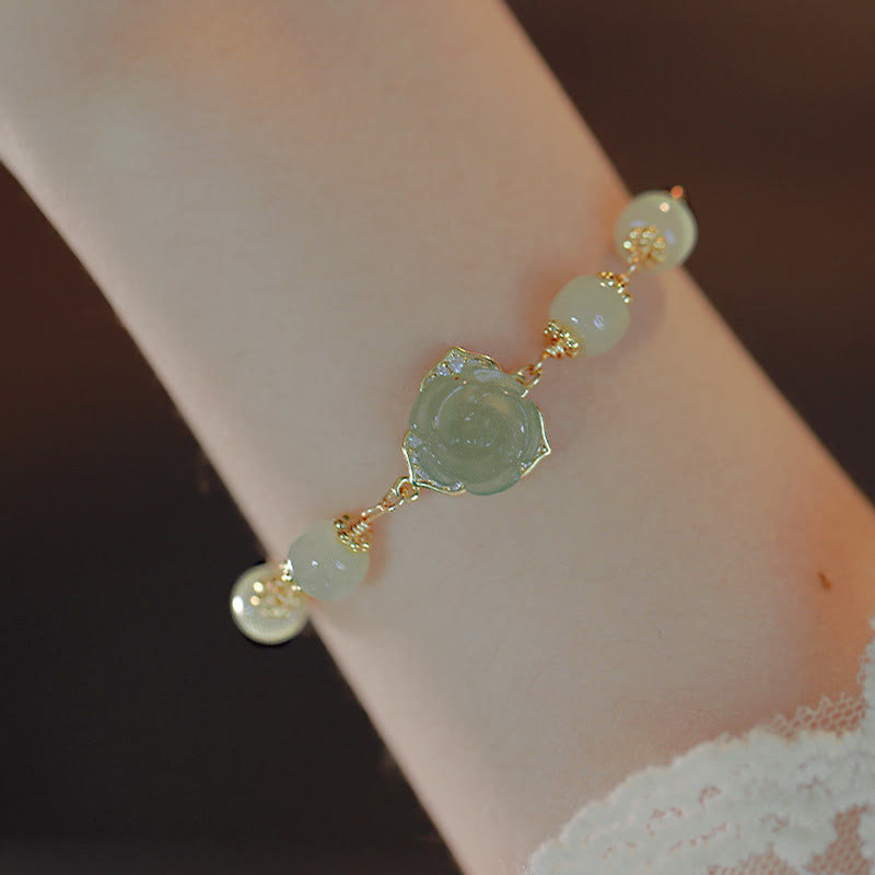 Fortune Jewel 14K Gold Plated Hetian Jade Rose Flower Luck Chain Bracelet