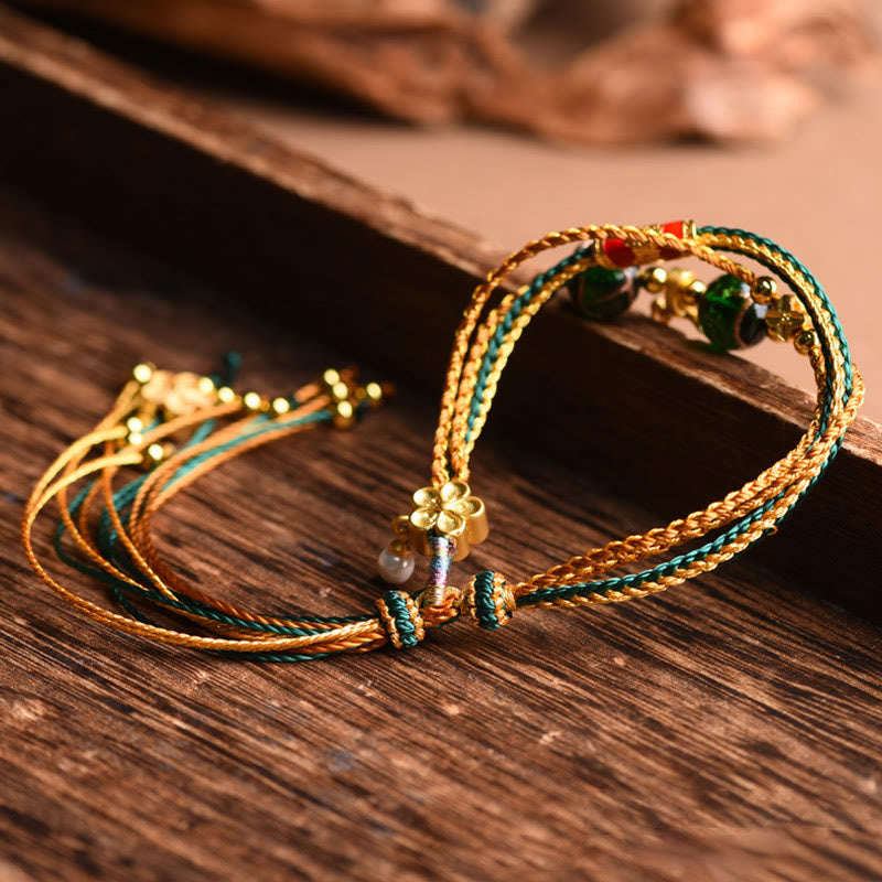 Fortune Jewel Tibetan Handmade Rope Liuli Glass Bead Braided Multilayered Healing Bracelet
