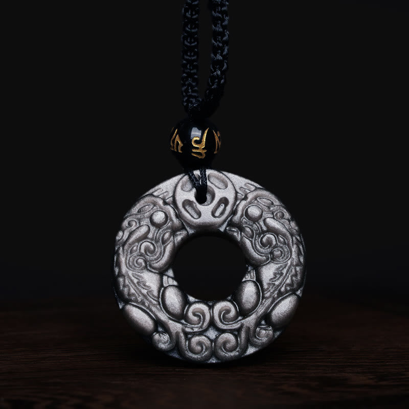 Fortune Jewel Natural Silver Sheen Obsidian Double PiXiu Copper Coin Peace Buckle Protection Necklace Pendant