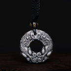 Fortune Jewel Natural Silver Sheen Obsidian Double PiXiu Copper Coin Peace Buckle Protection Necklace Pendant