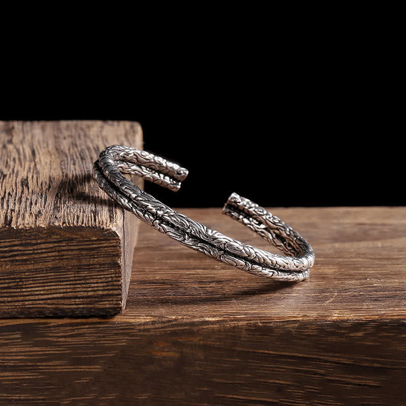 Fortune Jewel Flower Dragon Pattern Engraved Balance Cuff Bracelet Bangle