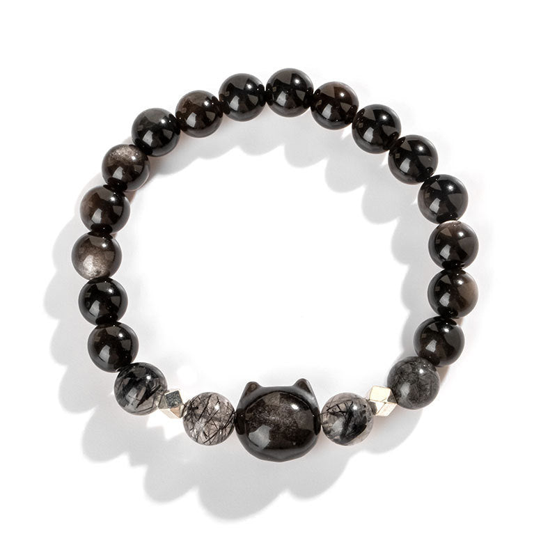 Fortune Jewel Natural Silver Sheen Obsidian Cute Cat Head Protection Bracelet