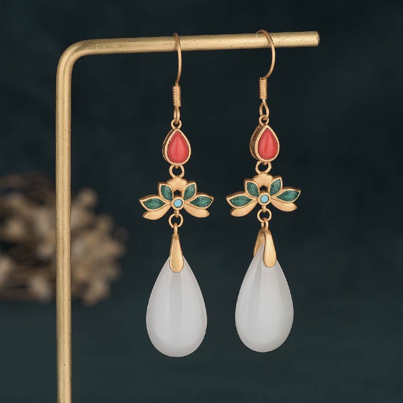 Fortune Jewel FengShui White Jade Luck Drop Earrings
