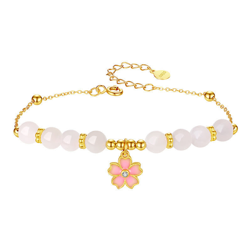Fortune Jewel 925 Sterling Silver Hetian White Jade Cherry Blossom Protection Bracelet