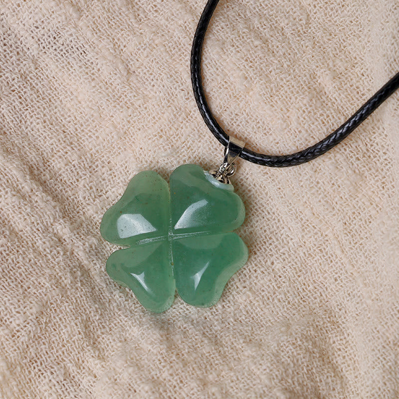 Fortune Jewel 925 Sterling Silver Green Aventurine Four Leaf Clover Luck Leather Rope Necklace Pendant