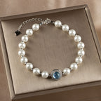 Fortune Jewel 925 Sterling Silver Pearl Blue Chalcedony Healing Chain Bracelet Ring