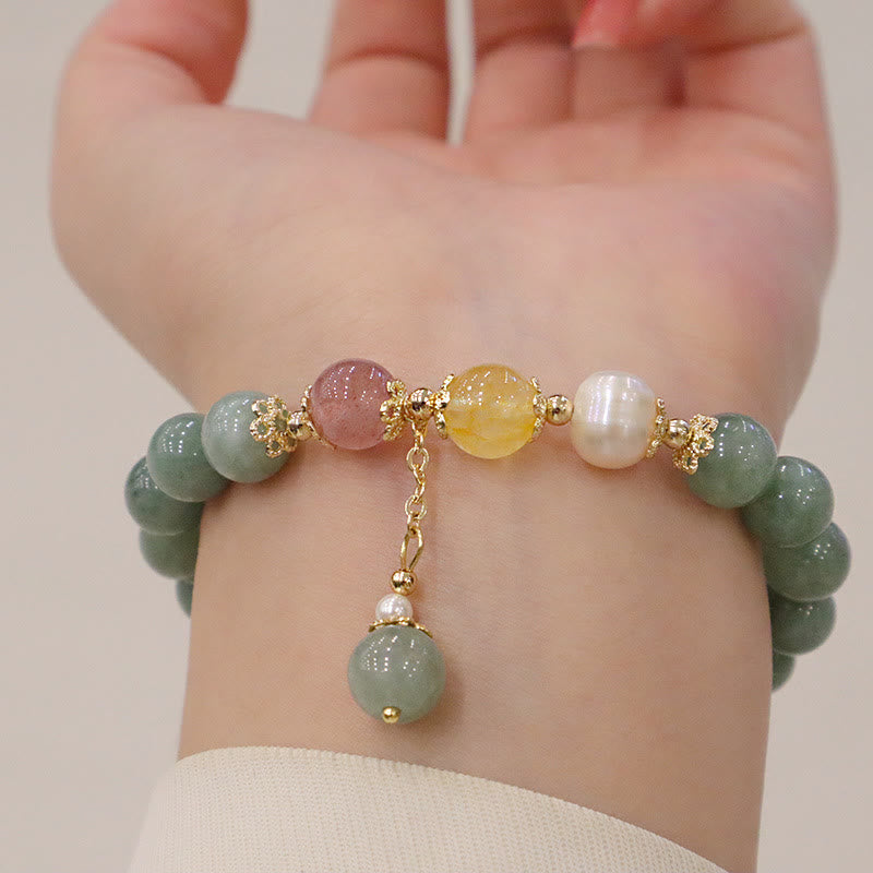 Fortune Jewel Jade Pearl Strawberry Quartz Abundance Luck Bead Charm Bracelet