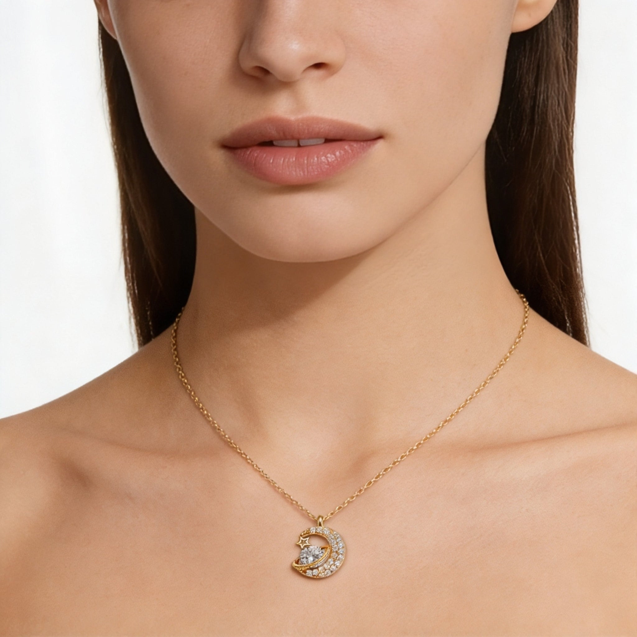 925 Sterling Silver Planet Moon Star Necklace – White Gold Color Collarbone Chain for Women, Gift for Girlfriend & Best Friend