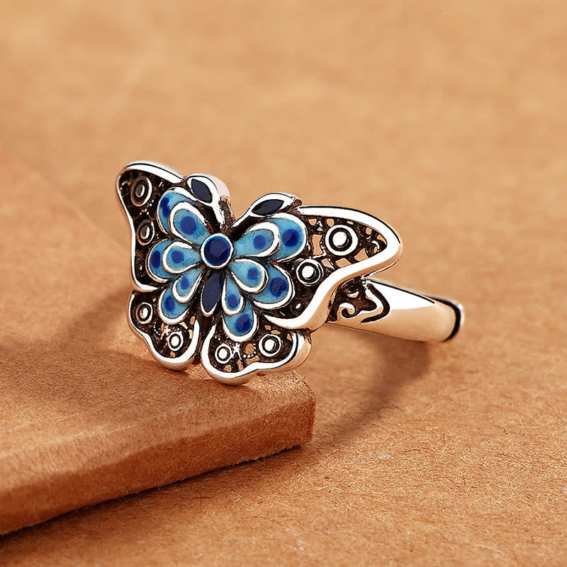 Fortune Jewel Hollow Enamel Blue Butterfly Pattern Love Ring