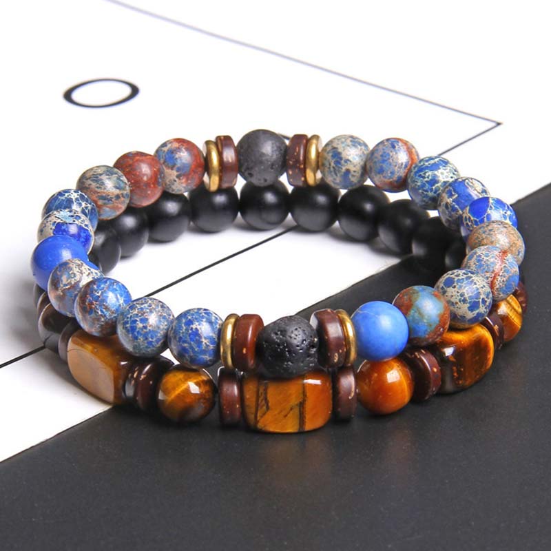 Fortune Jewel 2PCS Healing Crystal Emperor Stone Tiger Eye Bead Bracelet