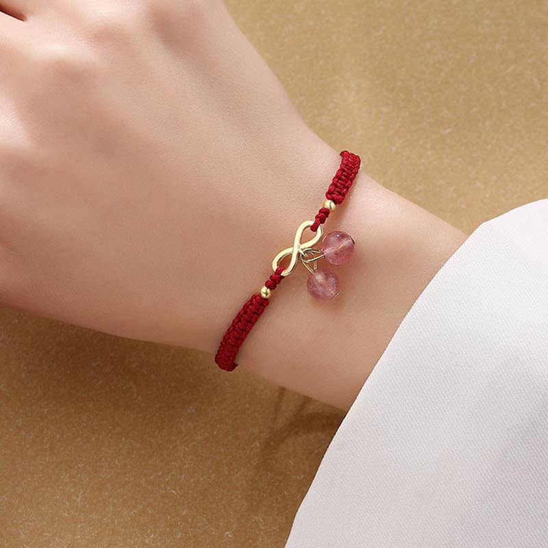 Fortune Jewel Strawberry Quartz Crystal Endless Knot Love Healing Red String Weave Bracelet