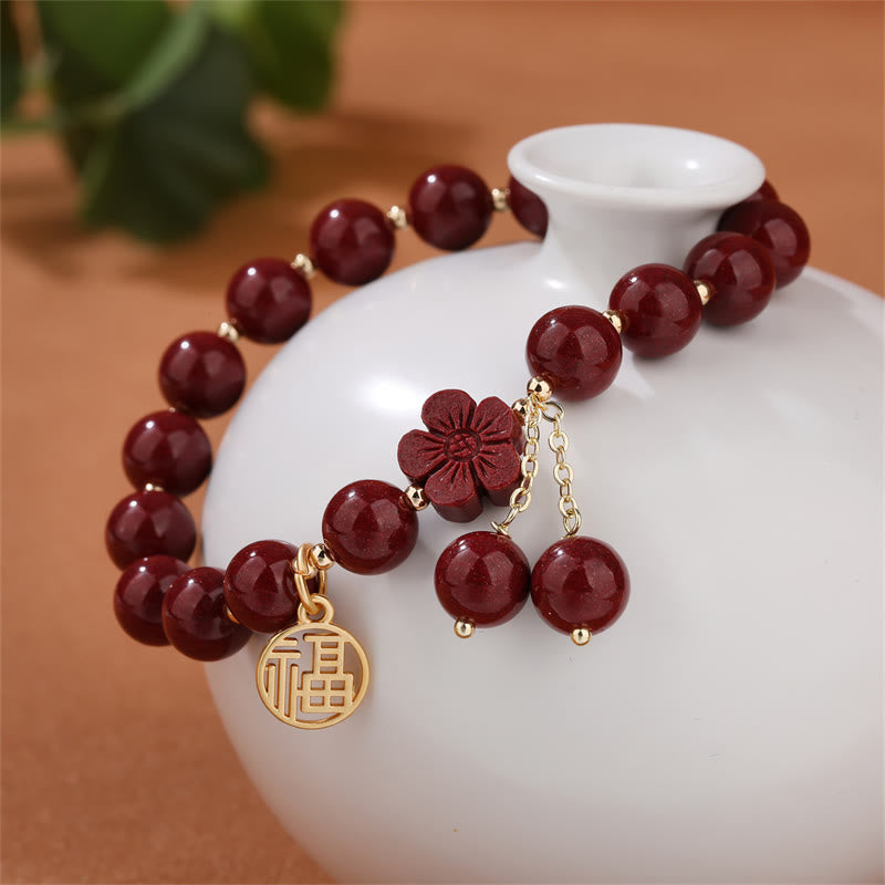 Fortune Jewel Cinnabar Fu Character Cherry Blossom Blessing Bracelet