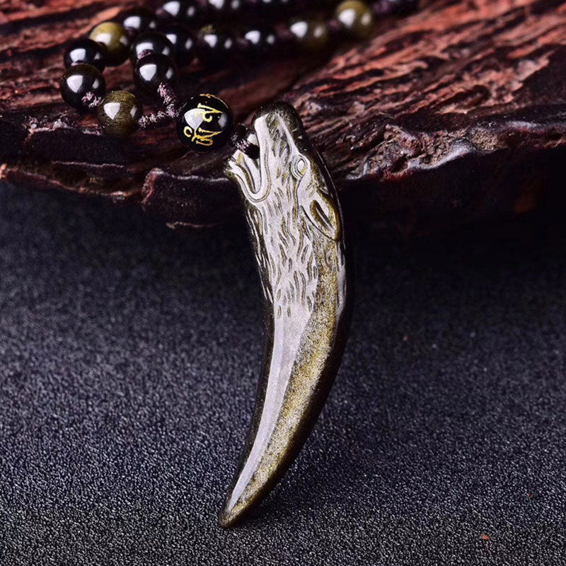 Fortune Jewel Natural Black Obsidian Ice Obsidian Rainbow Obsidian Wolf Tooth Pattern Strength Necklace Pendant