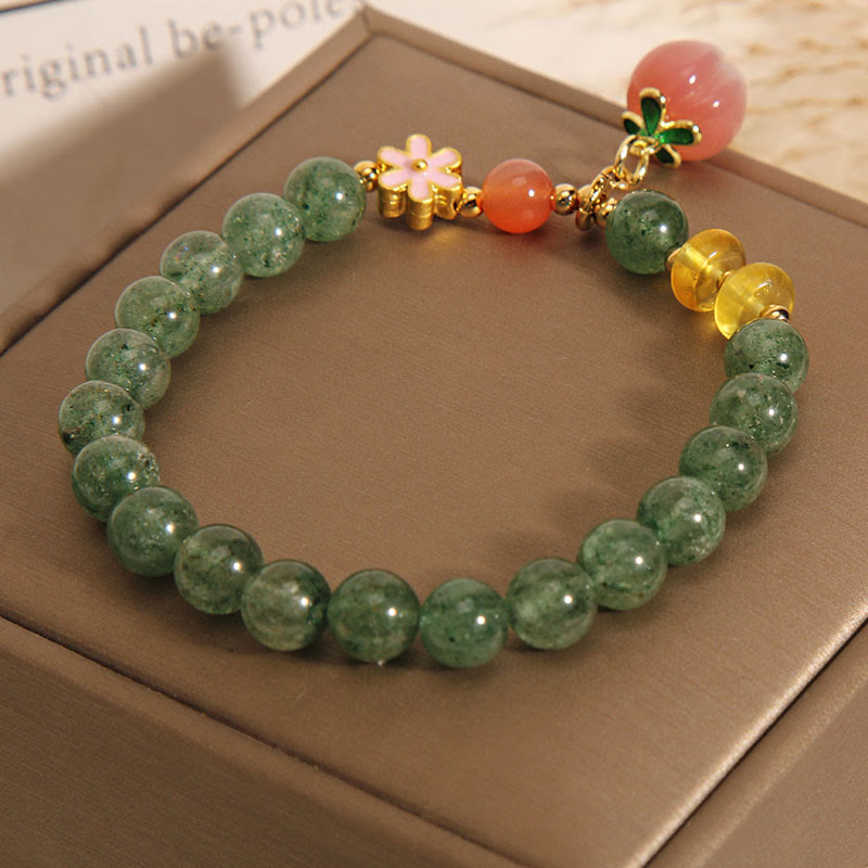 Fortune Jewel Natural Green Strawberry Quartz Love Peach Charm Bracelet