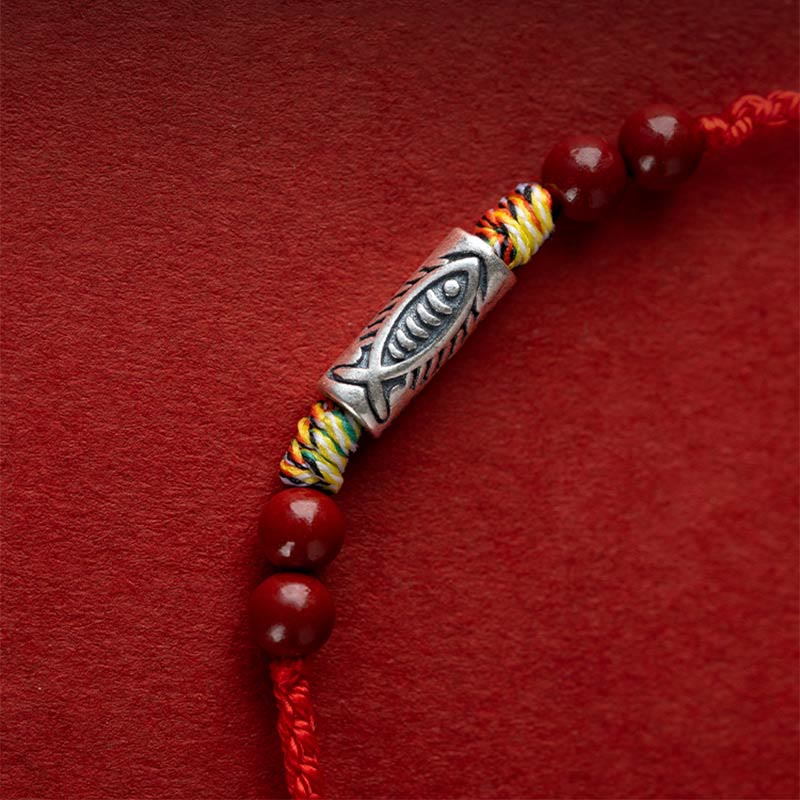 Fortune Jewel 925 Sterling Silver Koi Fish Cinnabar Bead Wealth Handcrafted Braided Bracelet Anklet