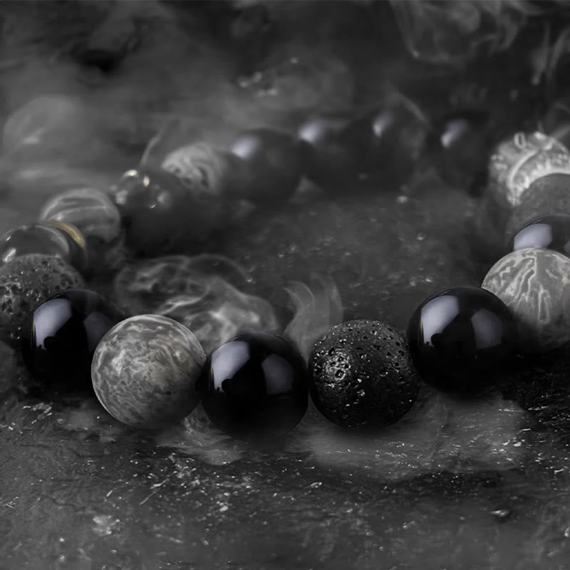 Fortune Jewel Black Obsidian Lava Rock Stone Yin Yang Strength Bracelet