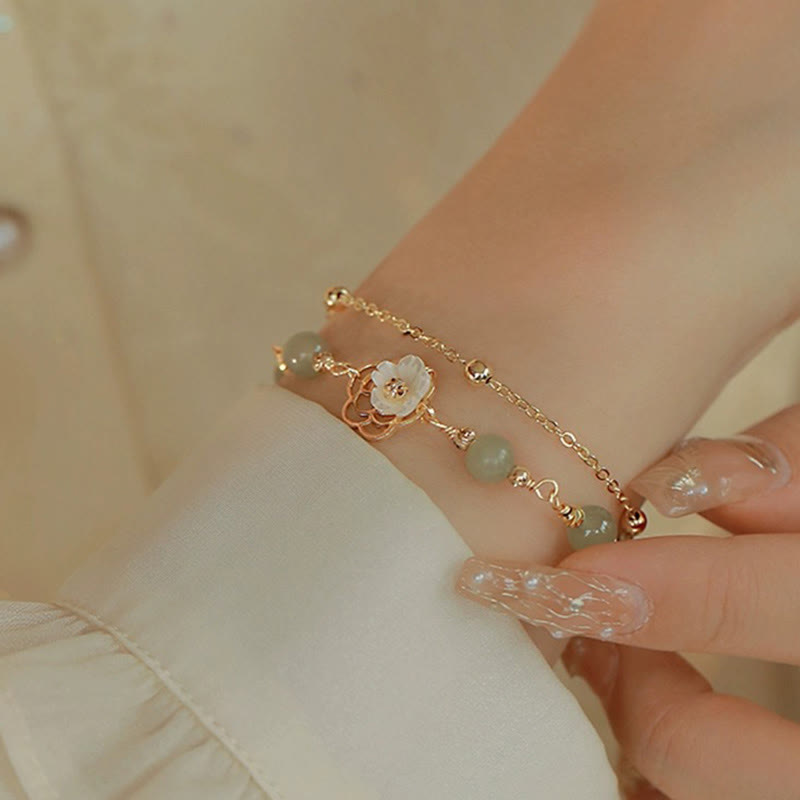 Fortune Jewel 14K Gold Plated Jade Butterfly Tridacna Stone Flower Double Layer Luck Bracelet