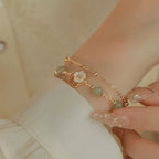 Fortune Jewel 14K Gold Plated Jade Butterfly Tridacna Stone Flower Double Layer Luck Bracelet