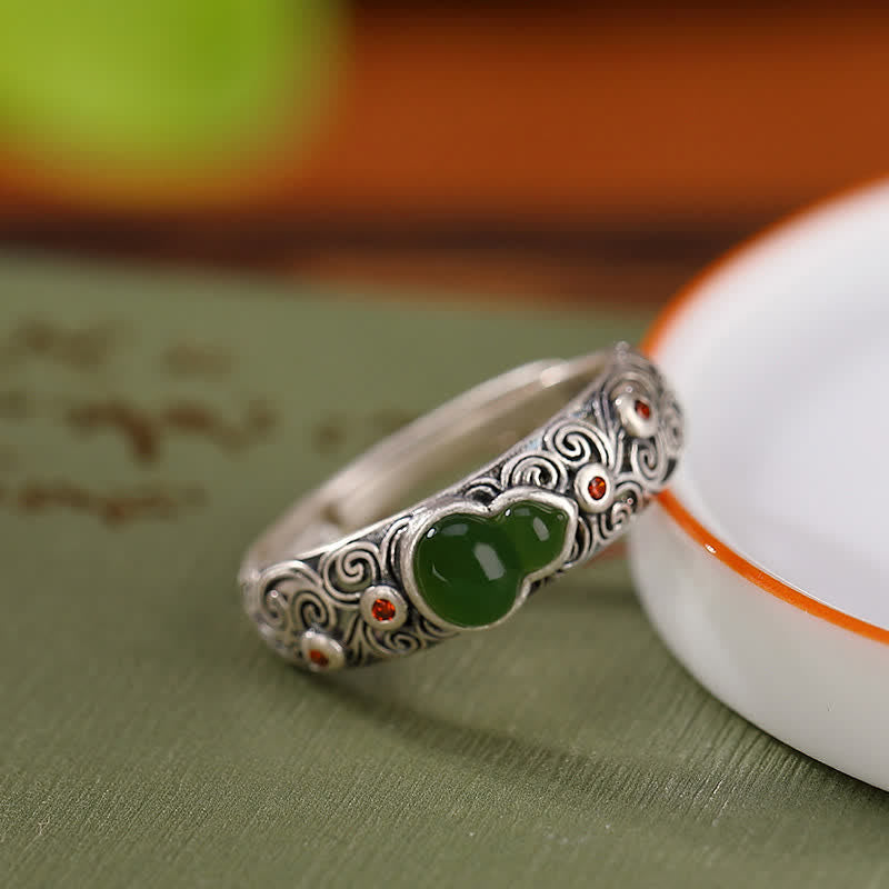Fortune Jewel 925 Sterling Silver Red Agate Cyan Jade Gourd Blessing Auspicious Ring