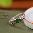 Fortune Jewel 925 Sterling Silver Red Agate Cyan Jade Gourd Blessing Auspicious Ring