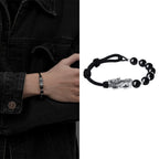 Fortune Jewel 999 Sterling Silver FengShui PiXiu Natural Black Obsidian 925 Sterling Silver Bead Strength Bracelet