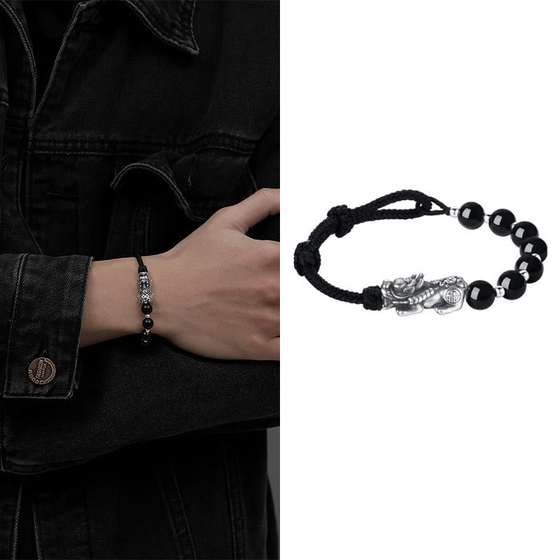Fortune Jewel 999 Sterling Silver FengShui PiXiu Natural Black Obsidian 925 Sterling Silver Bead Strength Bracelet