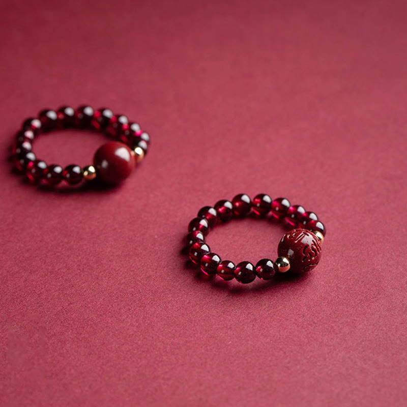 Fortune Jewel Garnet Cinnabar Lucky Bead PiXiu Om Mani Padme Hum Rose Protection Ring