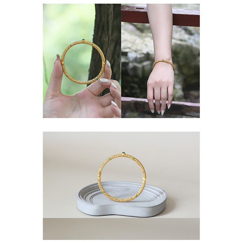 Fortune Jewel Cyan Jade Copper Auspicious Clouds Calm Healing Bracelet Bangle
