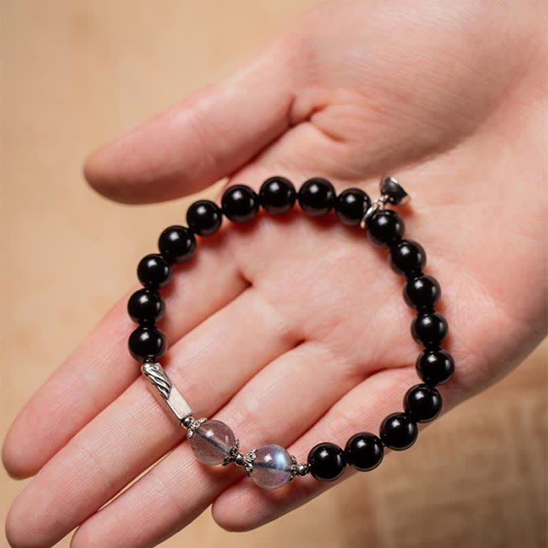 Fortune Jewel 925 Sterling Silver Obsidian Moonstone Strength Couple Bracelet