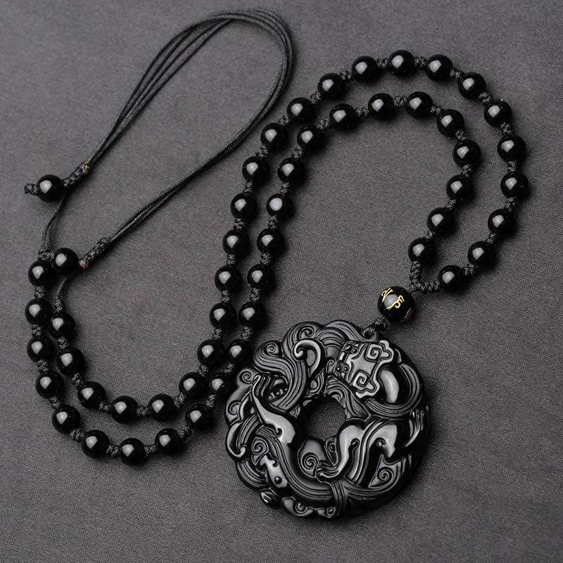 Fortune Jewel Natural Black Obsidian Peace Buckle Pixiu Purification Necklace Pendant