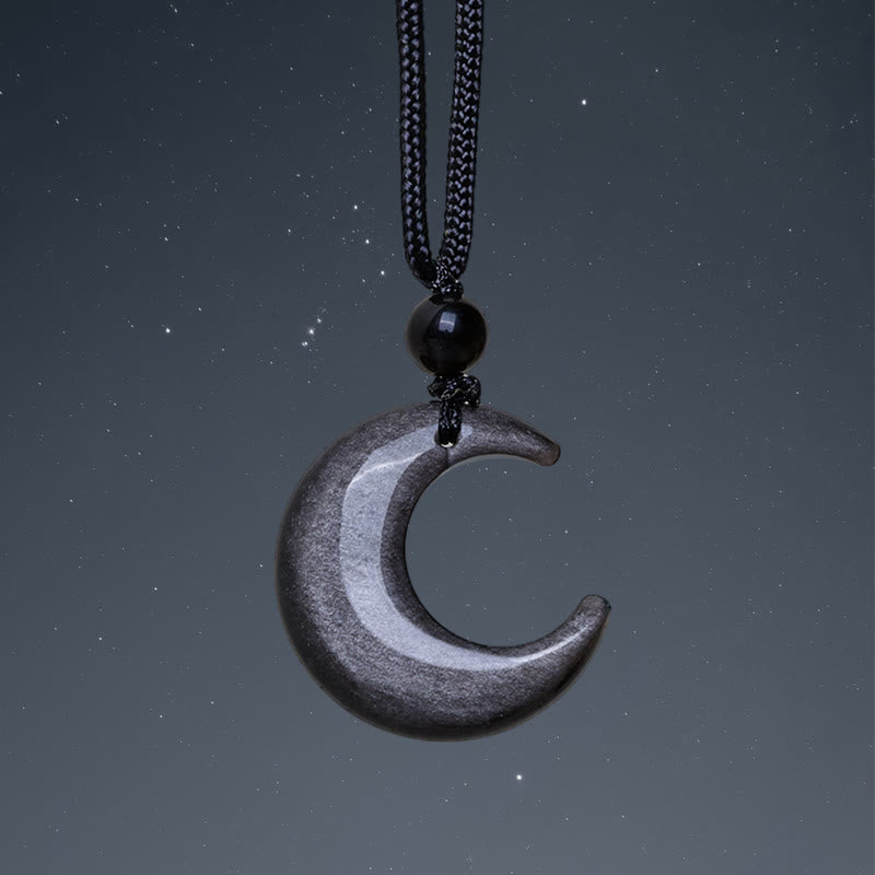 Fortune Jewel Natural Silver Sheen Obsidian Selenite Crystal Crescent Moon Yin Yang Couple Protection Necklace Pendant