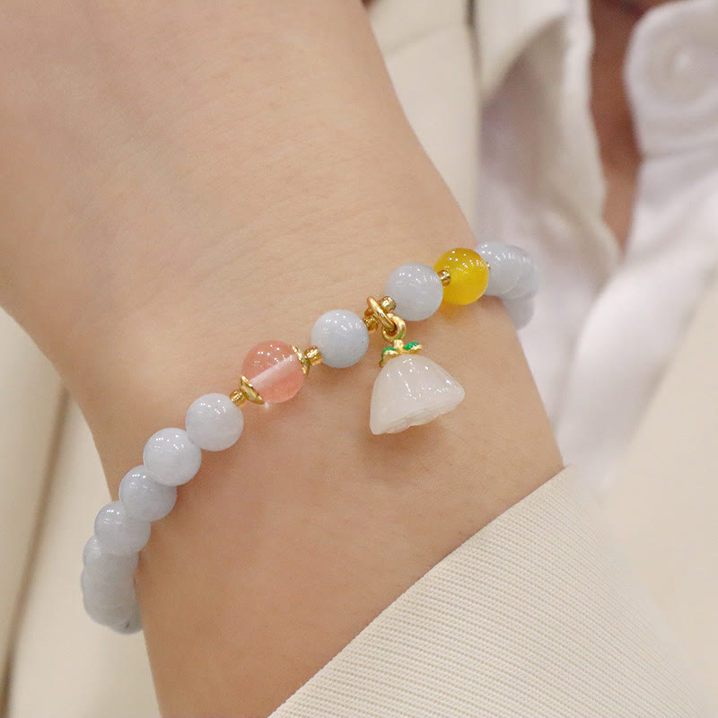 Fortune Jewel Natural Aquamarine Chalcedony Serenity Rabbit Gourd Cat Charm Bracelet