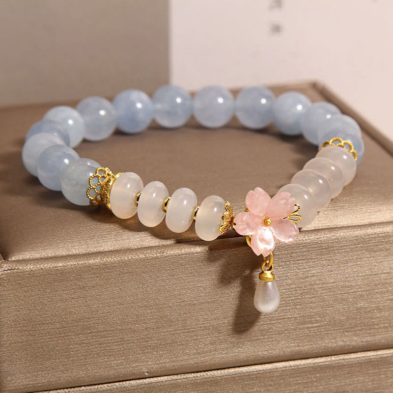 Fortune Jewel Aquamarine White Agate Pearl Abacus Beads Flower Healing Bracelet