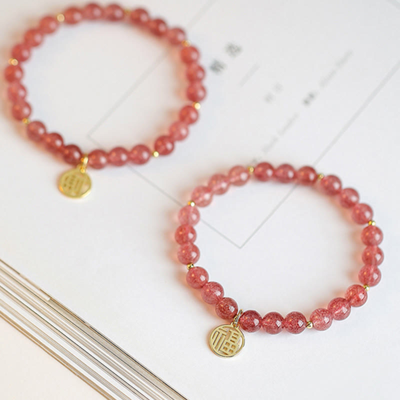 Fortune Jewel 14K Gold Plated Strawberry Quartz Fu Character Healing Charm Bracelet