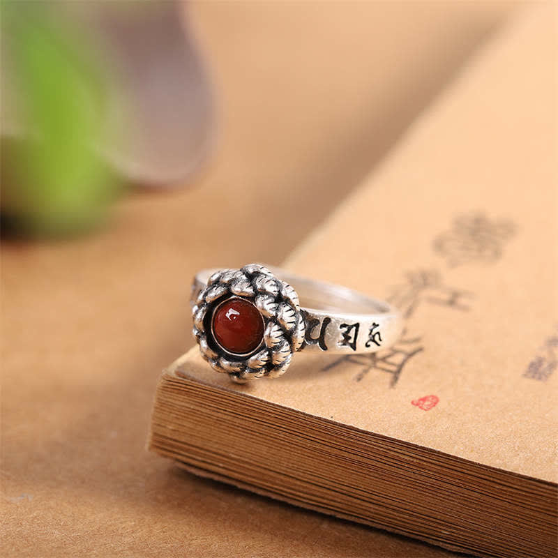 Fortune Jewel925 Sterling Silver Lotus Red Agate Confidence Blessing Ring