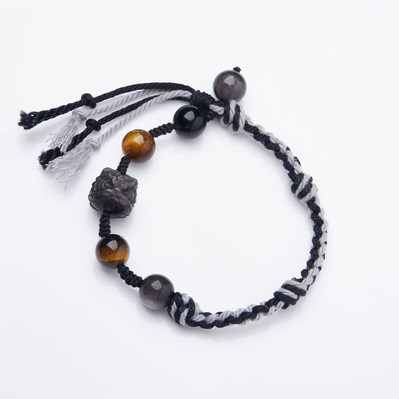 Fortune Jewel Natural Fluorite Amethyst Silver Sheen Obsidian Tiger's Eye Protection Rope Bracelet