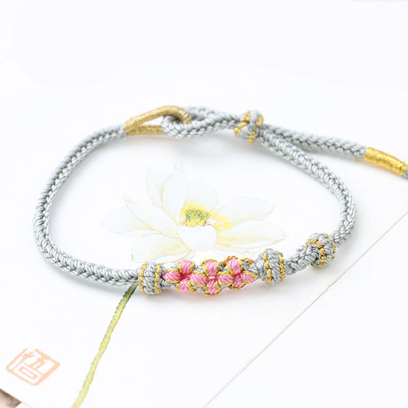 Fortune Jewel Handmade Three Peach Blossoms Luck Eight Strands Braided String Bracelet