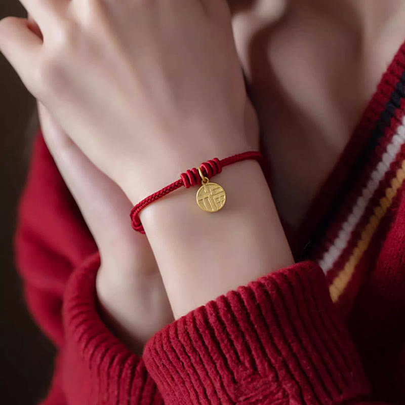 Fortune Jewel Handmade Eight Thread Peace Knot Fu Character Charm Luck Happiness Red Rope Bracelet