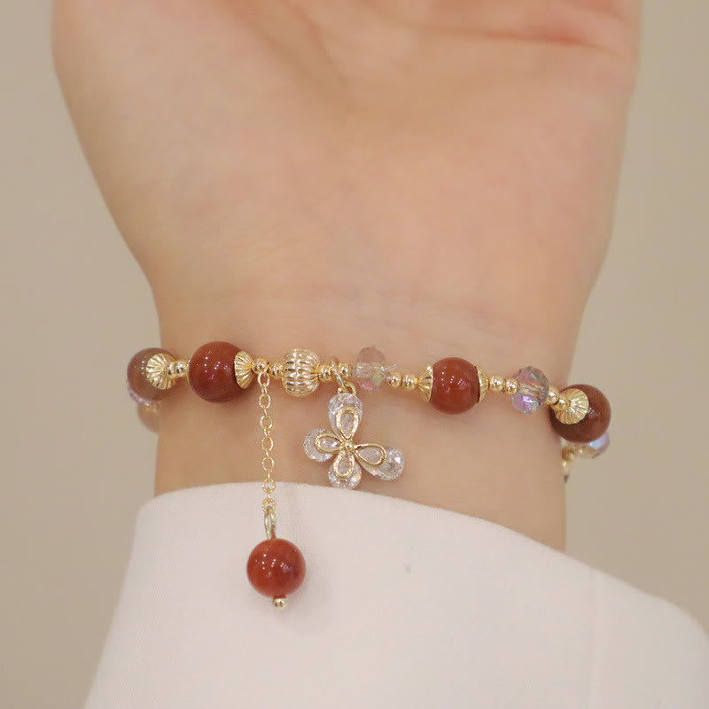 Fortune Jewel Natural Fu Lu Shou Rainbow Crystal Rutilated Quartz Wealth Butterfly Charm Bracelet