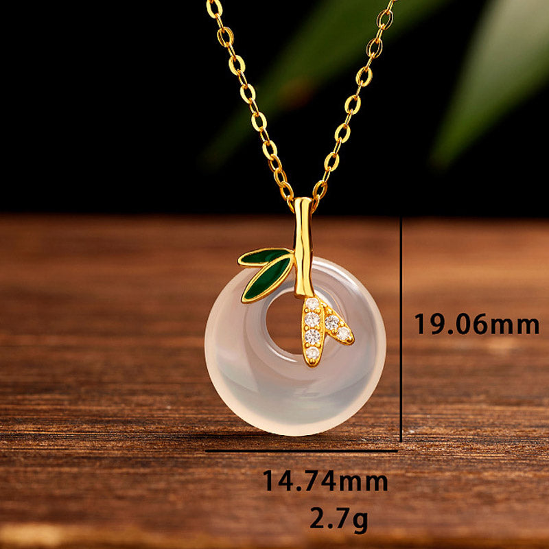 Fortune Jewel 925 Sterling Silver Natural Chalcedony Bamboo Leaf Peace Buckle Positive Necklace Pendant