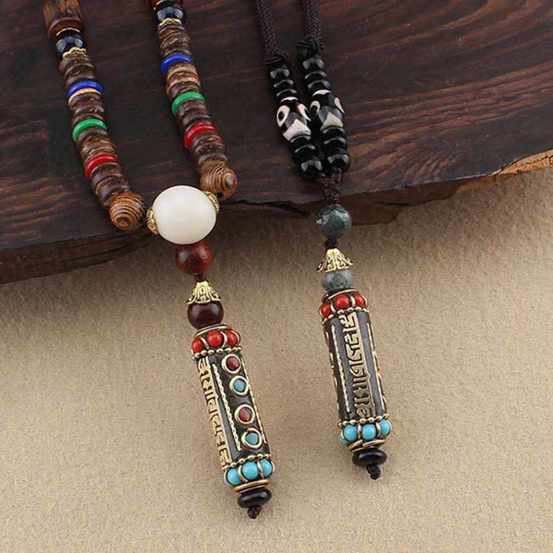 Fortune Jewel Tibetan Om Mani Padme Hum Dzi Bead Wenge Wood Necklace Pendant