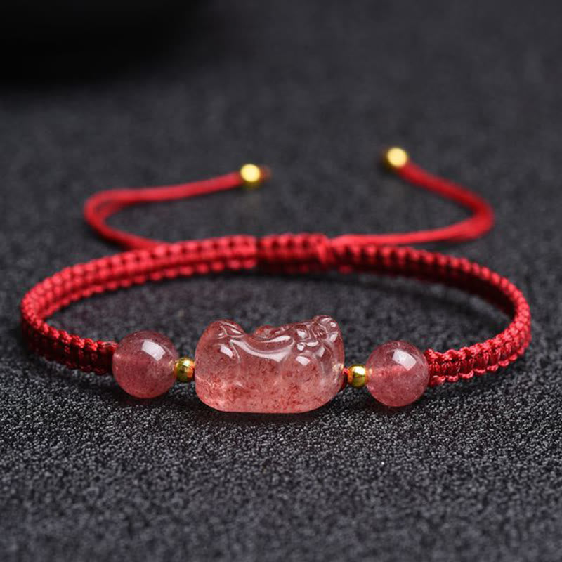 Fortune Jewel Natural Strawberry Quartz PiXiu Lucky Red String Bracelet