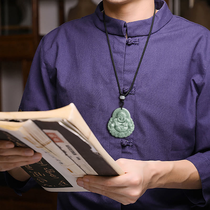 Fortune Jewel Laughing Buddha Natural Jade Copper Coin Abundance Necklace Pendant Fortune Jewel