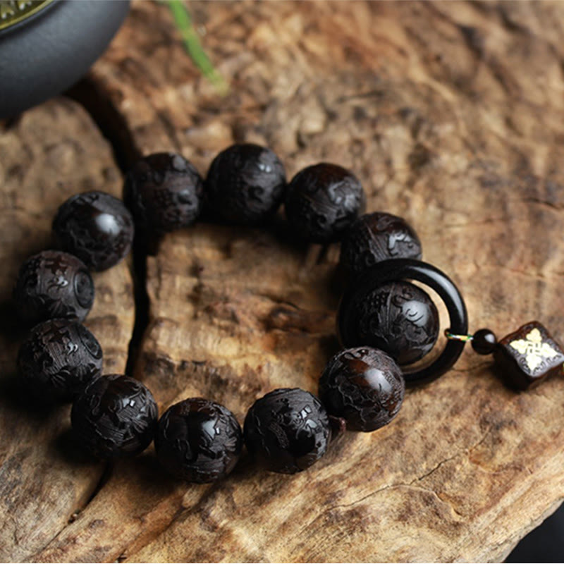 Fortune Jewel Ebony Wood Chinese Character Yin Yang Engraved Gourd Balance Bracelet Fortune Jewel