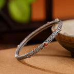 Vintage Tang Dynasty Flower Design Engraved Red Agate Copper Luck Bracelet Bangle Fortune Jewel